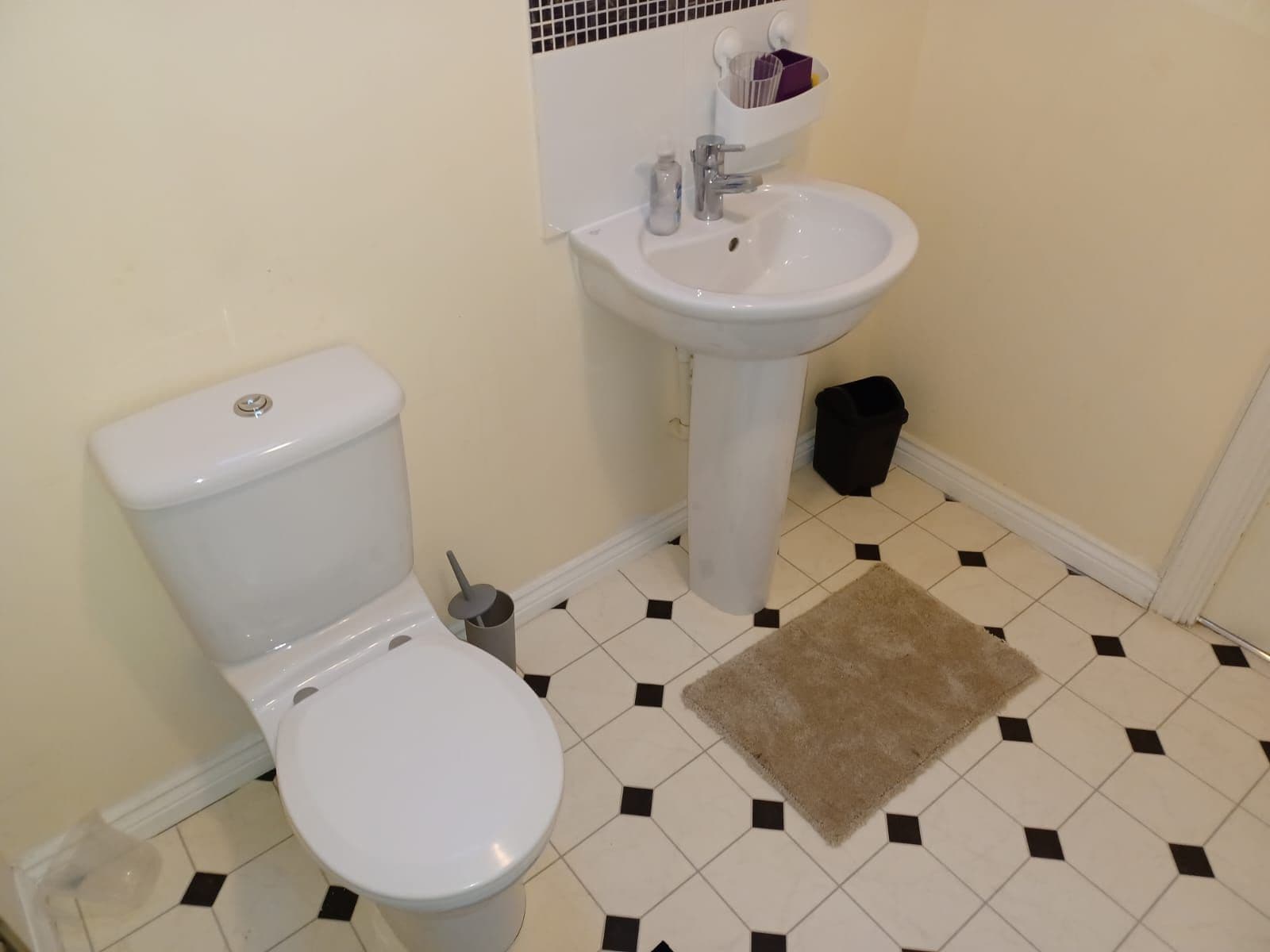 Un baño con inodoro, lavamanos y un cubo de basura.