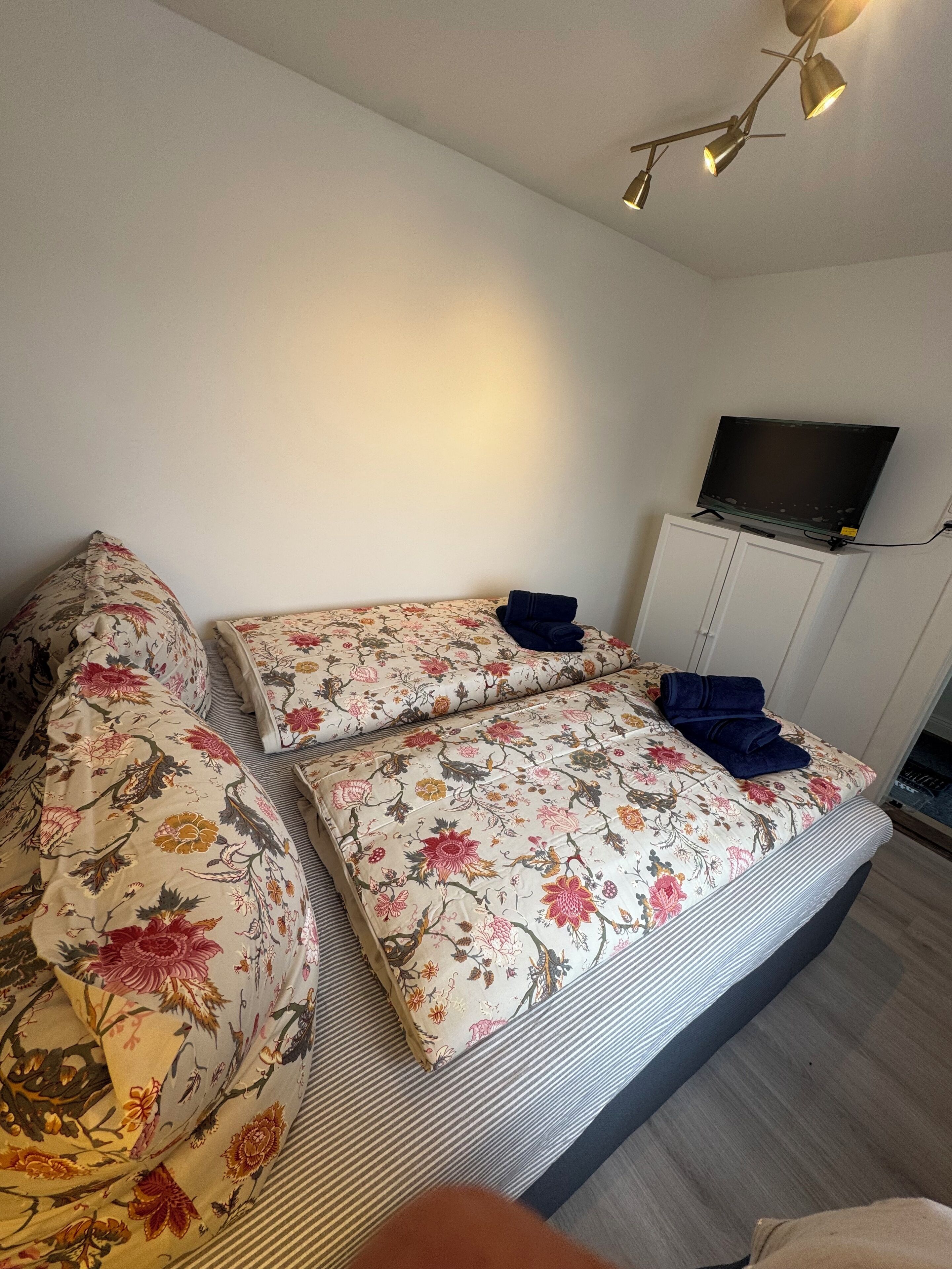 Quarto com cama, televisão em um armário e luminária no teto.