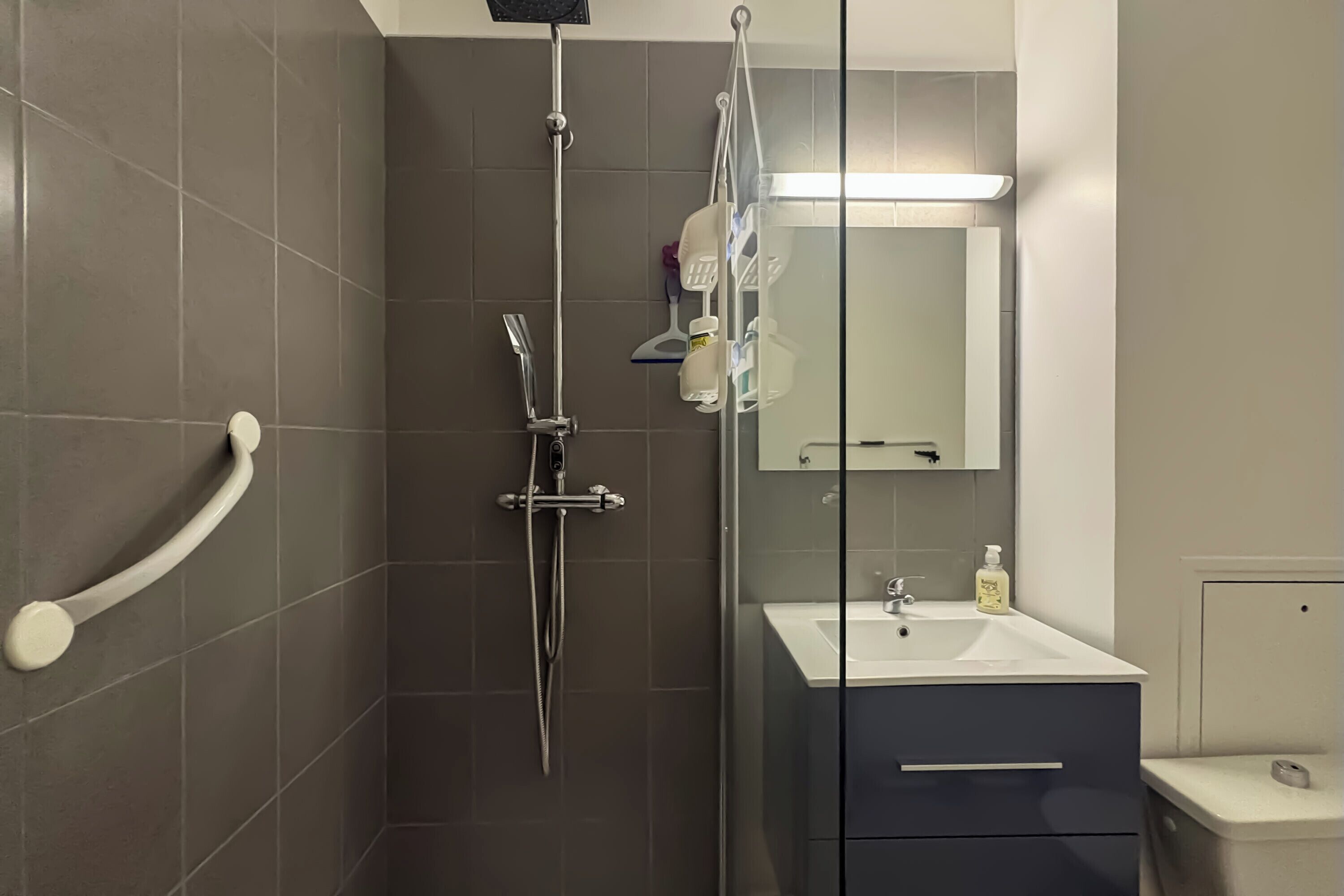 A bathroom with a shower, a toilet, a sink, and a mirror.