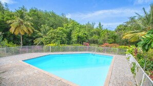 A rectangular swimming pool with a stone tile border, surrounded by a white metal fence, set against a backdrop of lush greenery and trees. - Melody - Climatisation - Proche plage (SAINTE ANNE)