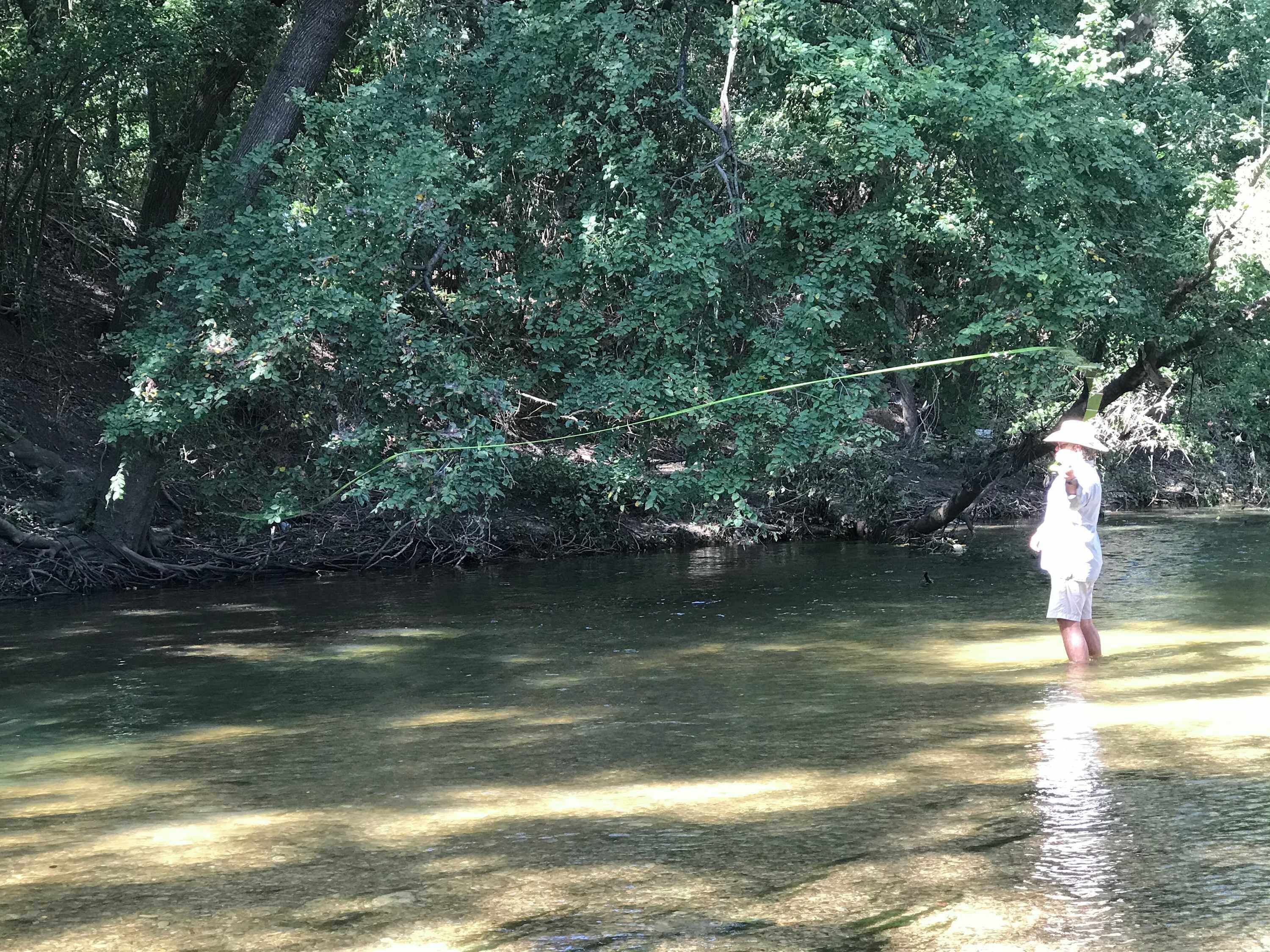 A person fishing in a river surrounded by dense greenery.