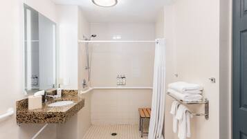 Hair dryer, towels, soap, shampoo