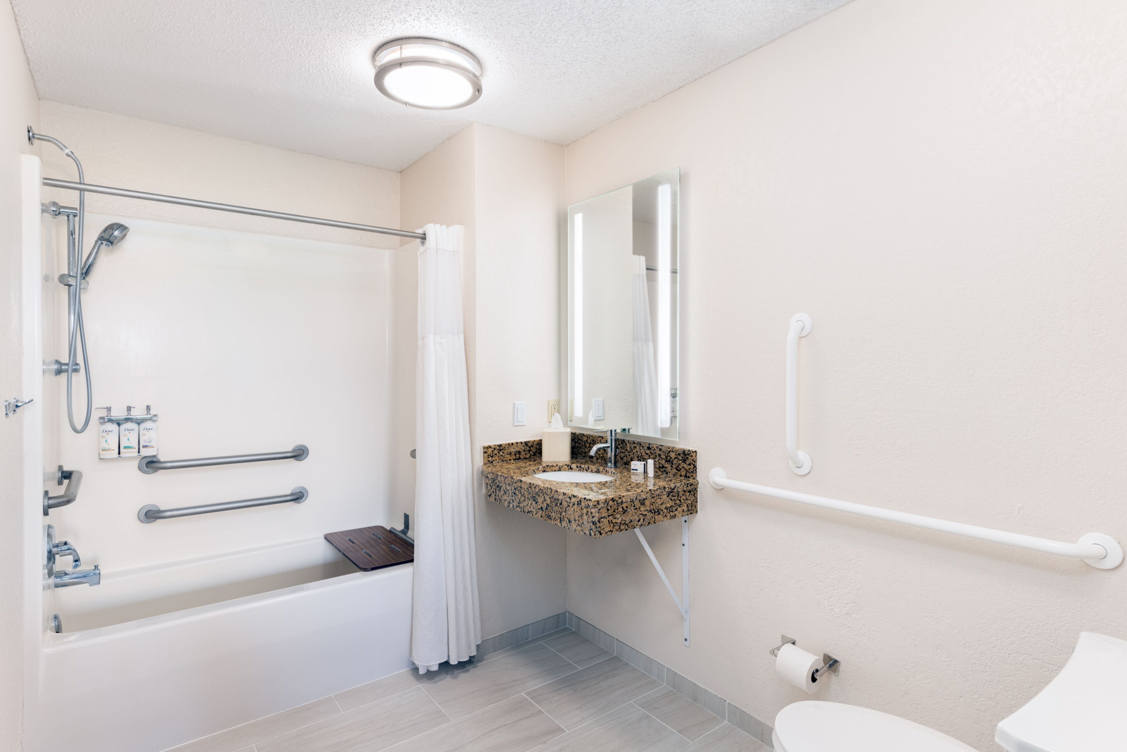 Hair dryer, towels, soap, shampoo