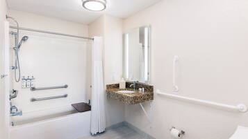 Hair dryer, towels, soap, shampoo