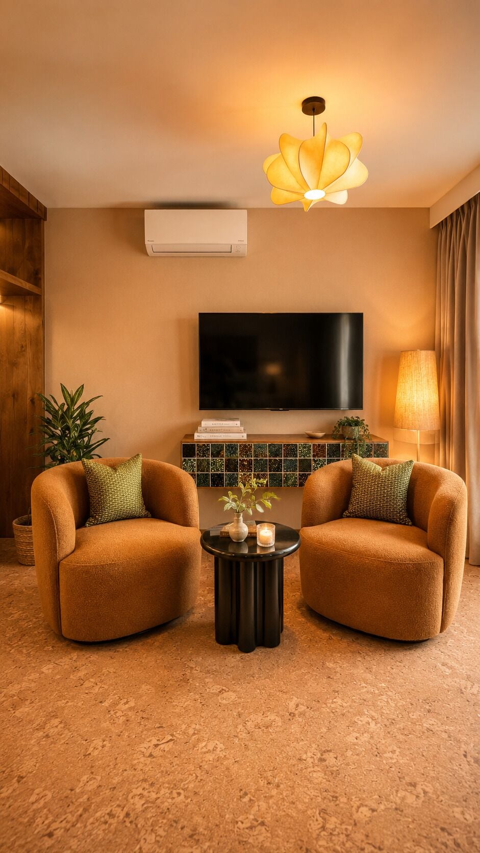 A living room with two armchairs, a coffee table, a flat-screen TV, a decorative lamp, and a wall-mounted air conditioner.