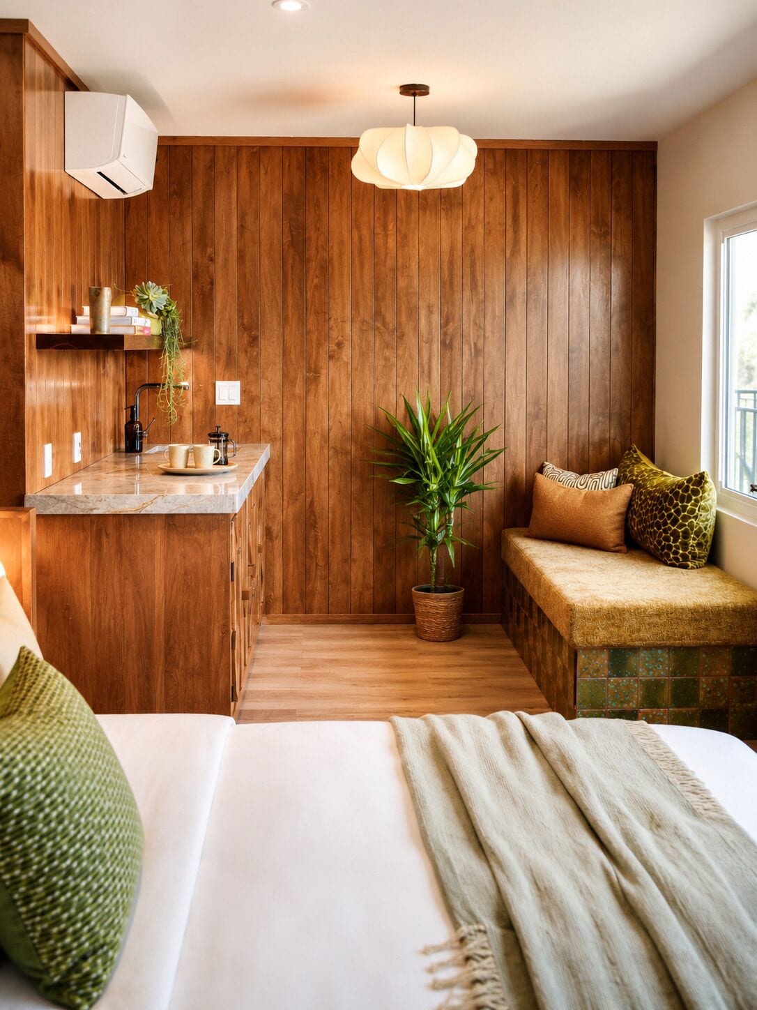A compact room with a wooden wall, a small kitchenette, a seating area with cushions, a potted plant, and a window.