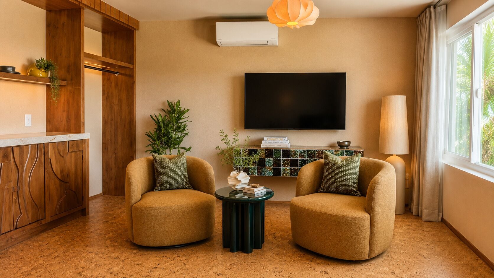 A living room with two armchairs, a coffee table, a flat-screen TV, and a window with curtains.