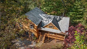 A log cabin with a steeply pitched roof, surrounded by dense forest. - Dogwood Lodge - Hot Tub, Near Kerith House Winery (Morganton)