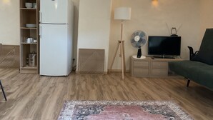 Ein Wohnzimmer mit einem weißen Kühlschrank, einem Fernseher, einer Stehlampe und einem grünen Sofa.