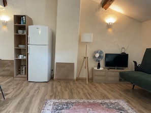 Una sala de estar con un refrigerador blanco, un televisor, una lámpara de pie y un sofá verde.