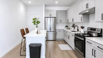 Full-size fridge, microwave, oven, dishwasher