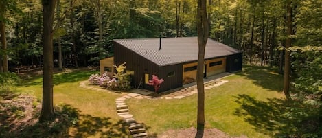 A modern house surrounded by a forest.