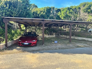 Ein rotes Auto steht unter einer Holzpergola, im Hintergrund Bäume und ein klarer Himmel.