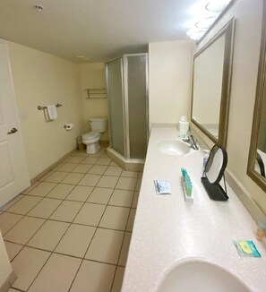 Ein Badezimmer mit Toilette, Dusche, Waschbecken und Spiegel.
