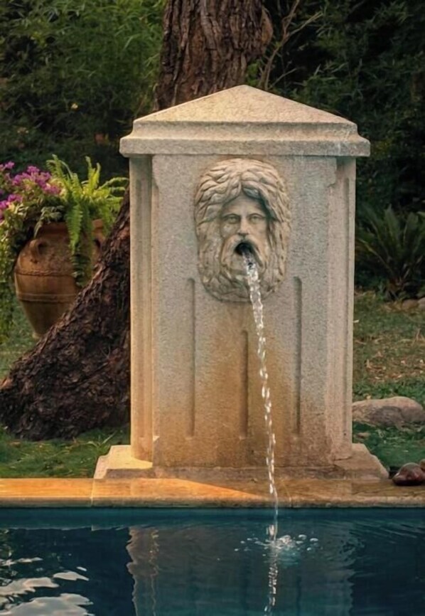 A stone fountain with a carved face and water spouting from the mouth. - MOULIN D'EXCEPTION : NATURE, PISCINE ET ETANG (Traînel)
