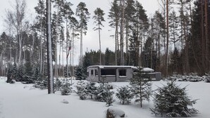 Un bosque nevado con una cabaña.