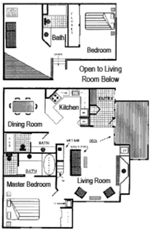 Plano de planta que muestra un dormitorio principal, sala de estar, comedor, cocina y baño.