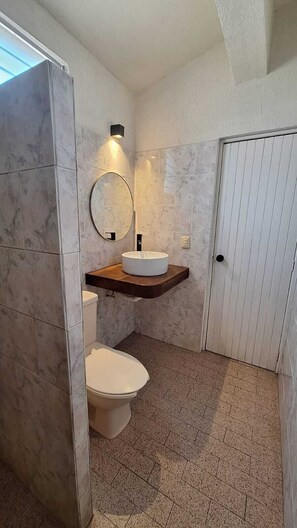 Un baño con inodoro, lavabo con espejo y zona de ducha.