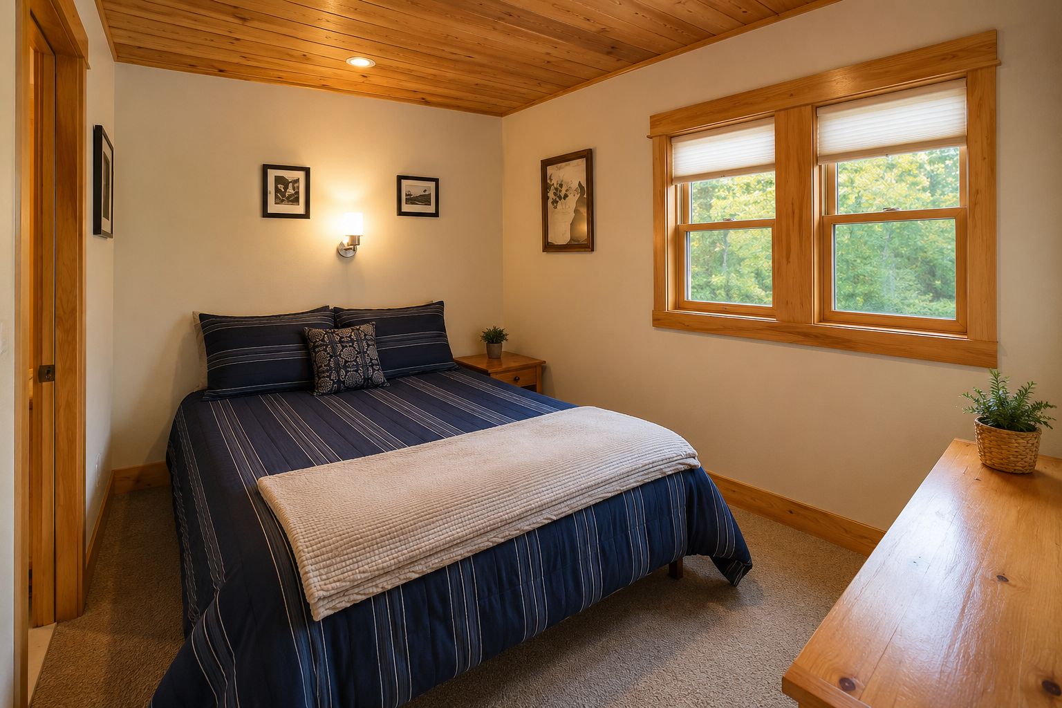 A bedroom with a bed, a nightstand, a window, and wall art.