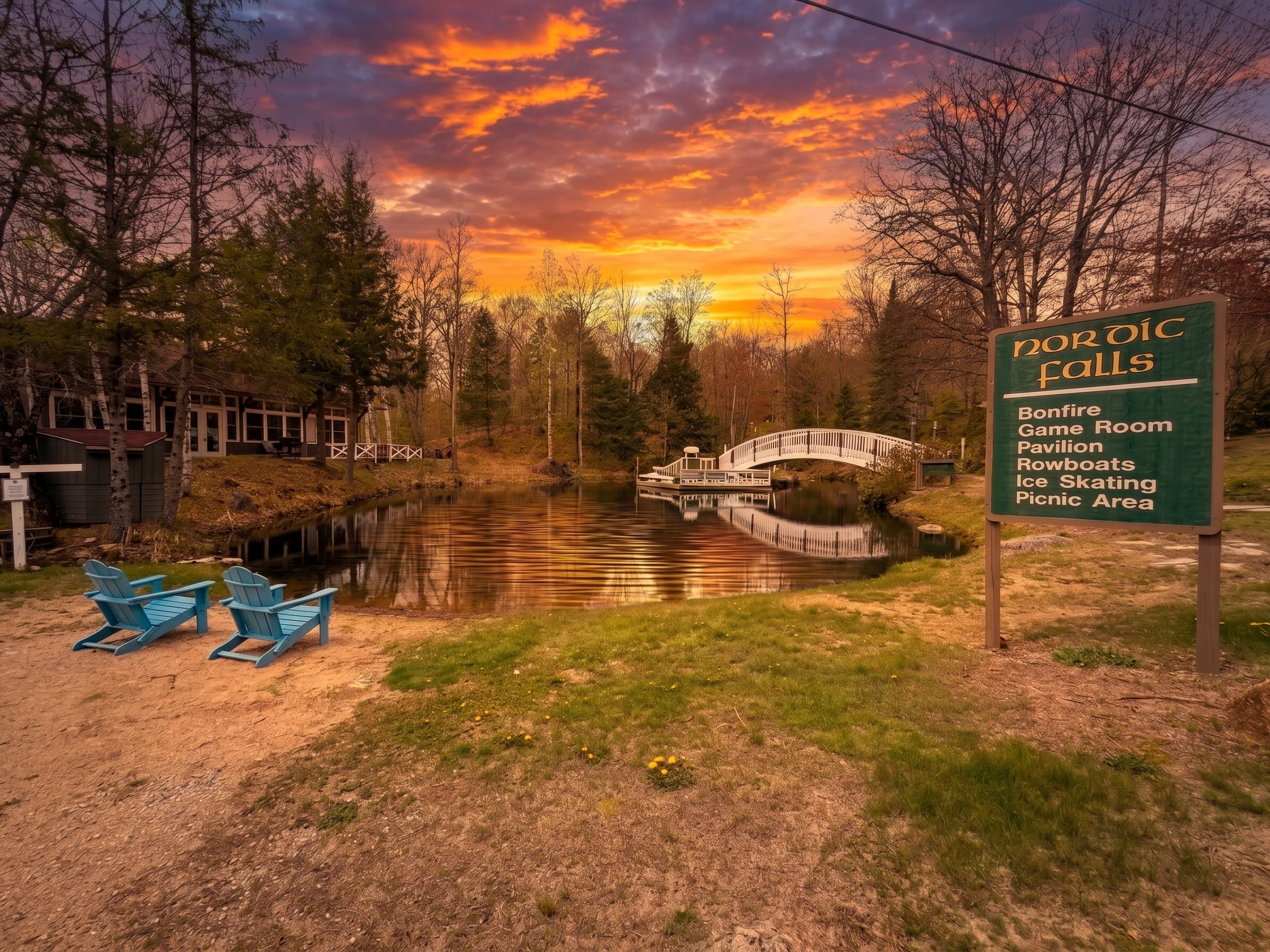 A serene lakeside view with a wooden bridge, a rowboat dock, and a sign listing amenities like a game room and ice skating.