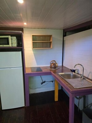 A compact kitchen with a refrigerator, microwave, sink, and wooden countertop.