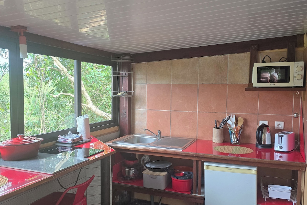 A compact kitchen with a sink, a microwave, and a small refrigerator.