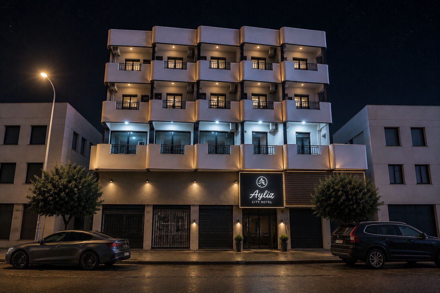 A multi-story hotel with balconies, a sign reading 'Ayliz City Hotel,' and two cars parked in front.