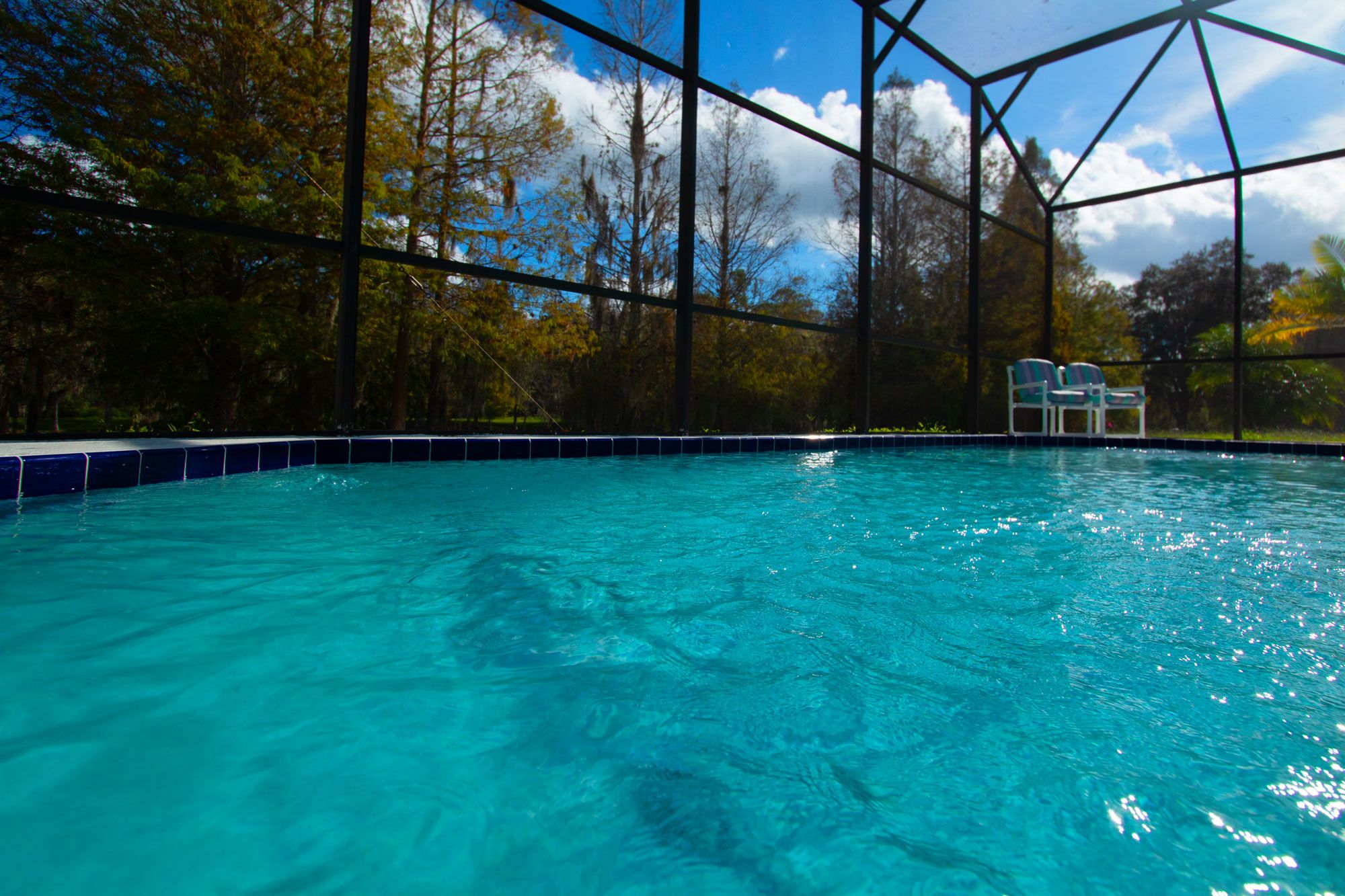 Una piscina con agua cristalina azul, rodeada de árboles y un área cubierta con sillas.