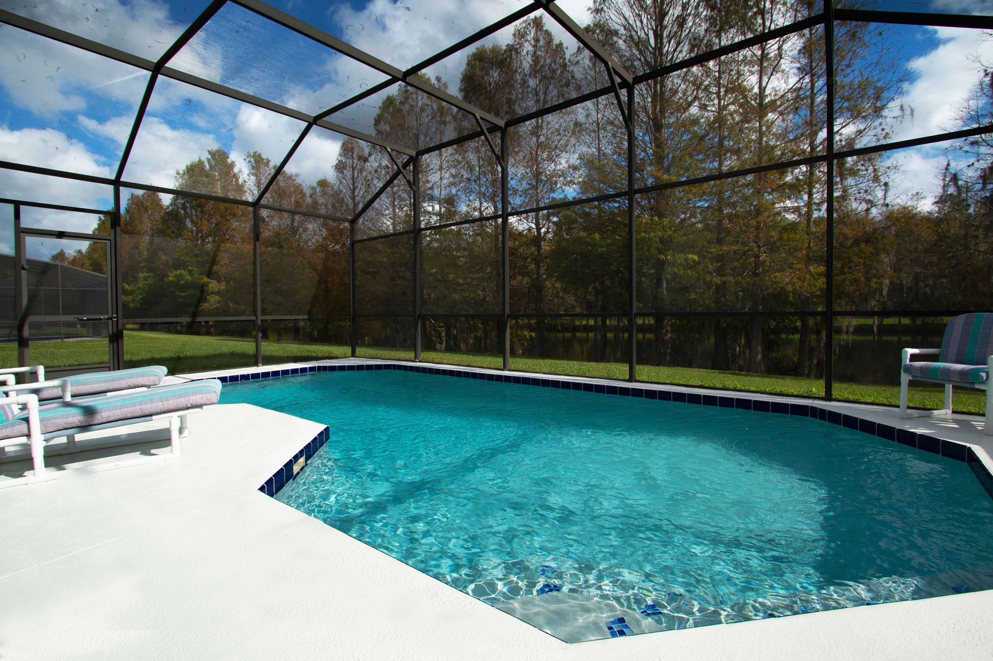 A swimming pool with a clear view of the surrounding trees and a covered area with seating.