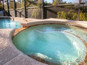 Ein Swimmingpool mit steinernen Rändern und einer klaren, blauen Wasseroberfläche.
