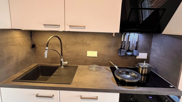 Een moderne keuken met een roestvrijstalen spoelbak, een fornuis en een inbouwoven.