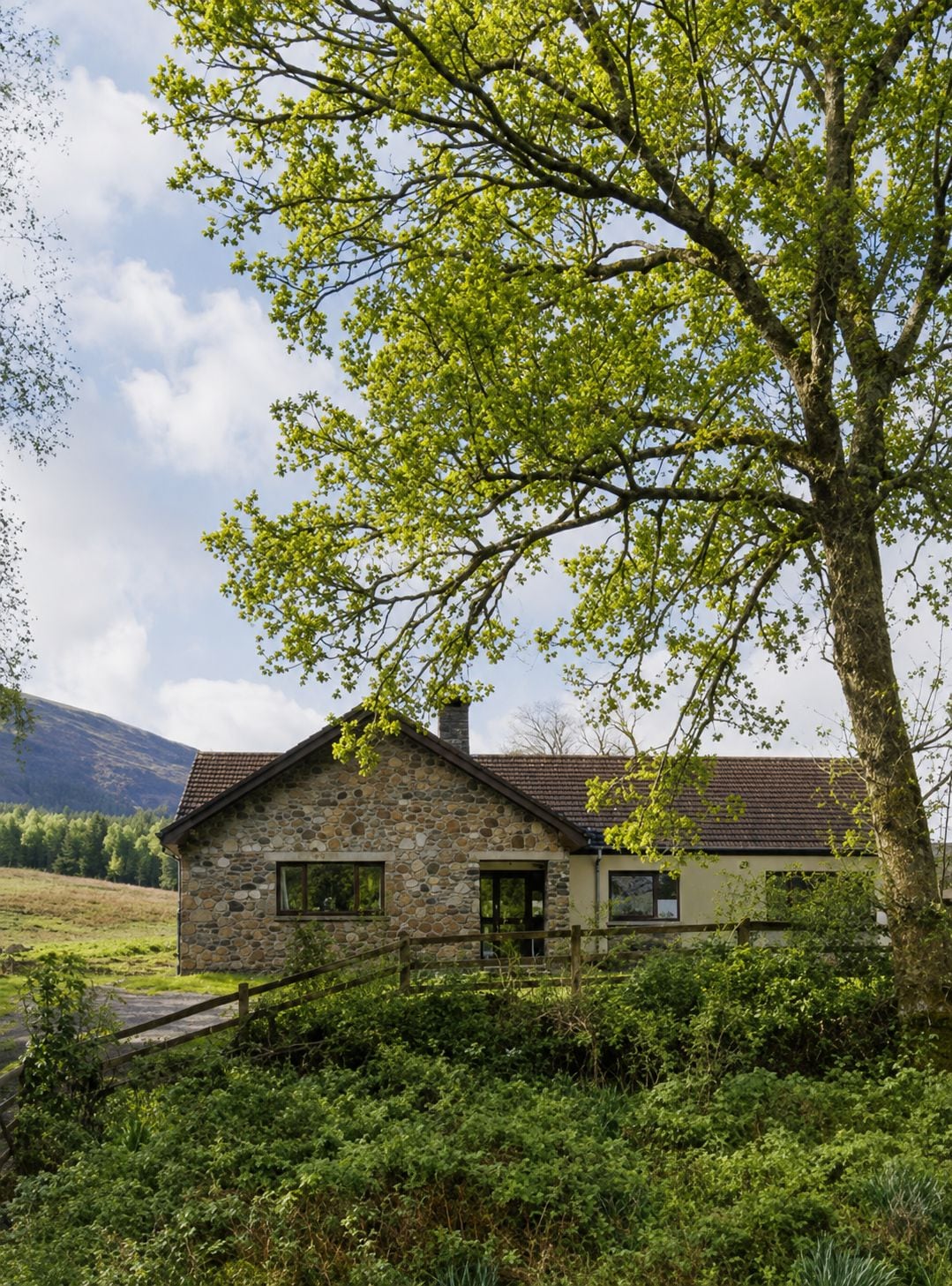 A stone house with a sloped roof, surrounded by lush greenery and a mountain in the background.