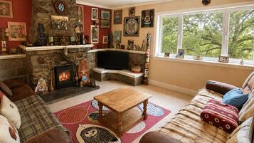 A cozy living room with a stone fireplace, a television, and various wall decorations.