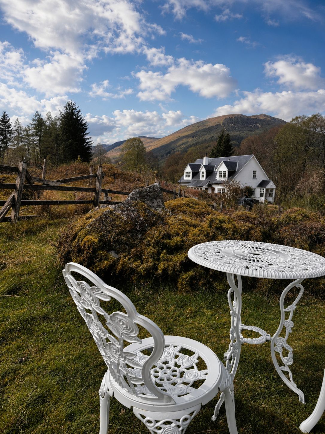 Une table et une chaise en métal blanc sont placées dans un espace verdoyant, avec une maison blanche en arrière-plan.