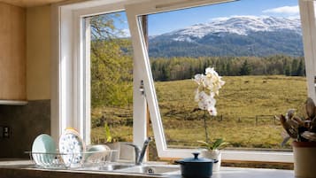 Une cuisine avec vue sur un paysage montagneux, un vase de fleurs et de la vaisselle posée sur le plan de travail.