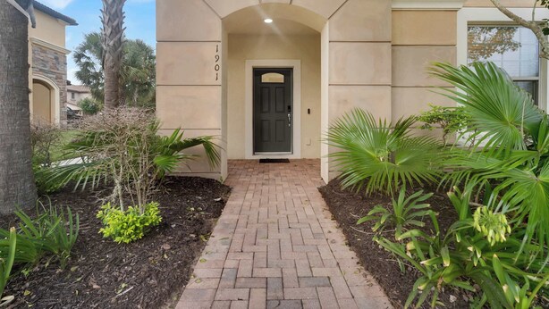 Una entrada pavimentada con una puerta, rodeada de follaje ajardinado y una palmera.