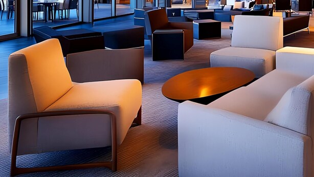 A modern lounge area with sofas and a coffee table.