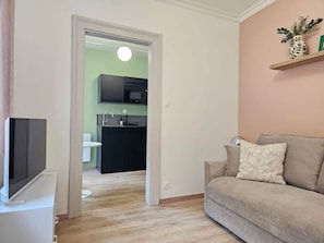 A living room with a flat-screen TV, a sofa with cushions, and a kitchen in the background. - Studio cocooning à 5km du centre de Strasbourg (Schiltigheim)