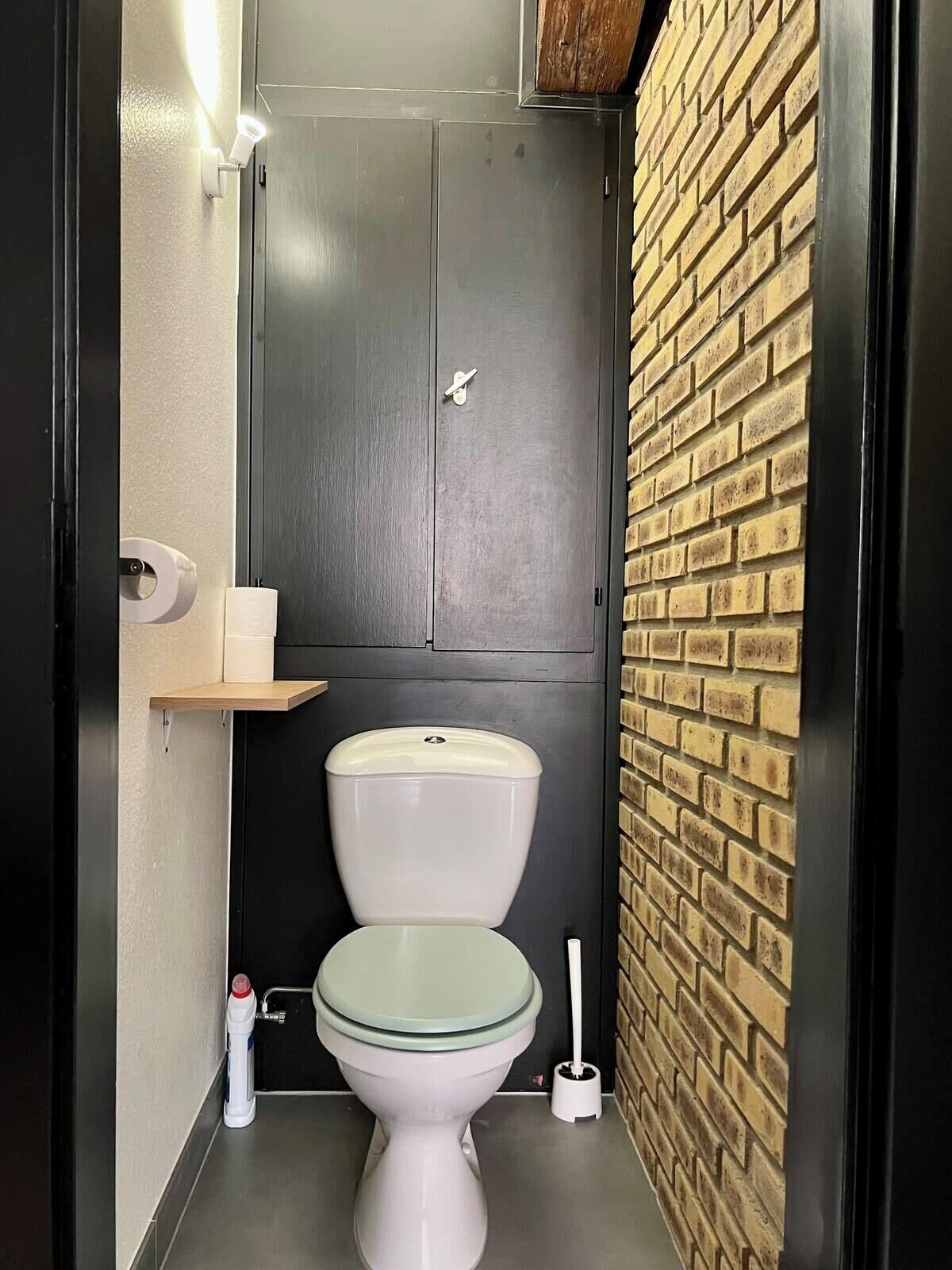 Ein kleines Badezimmer mit Toilette, einem Ablagefach mit Toilettenpapier und einer Wand mit Ziegeloptik.
