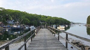 Un moll de fusta que condueix a un moll amb barques, envoltat d'arbres i cases.