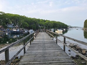 A wooden pier leading to a dock with boats, surrounded by trees and houses.