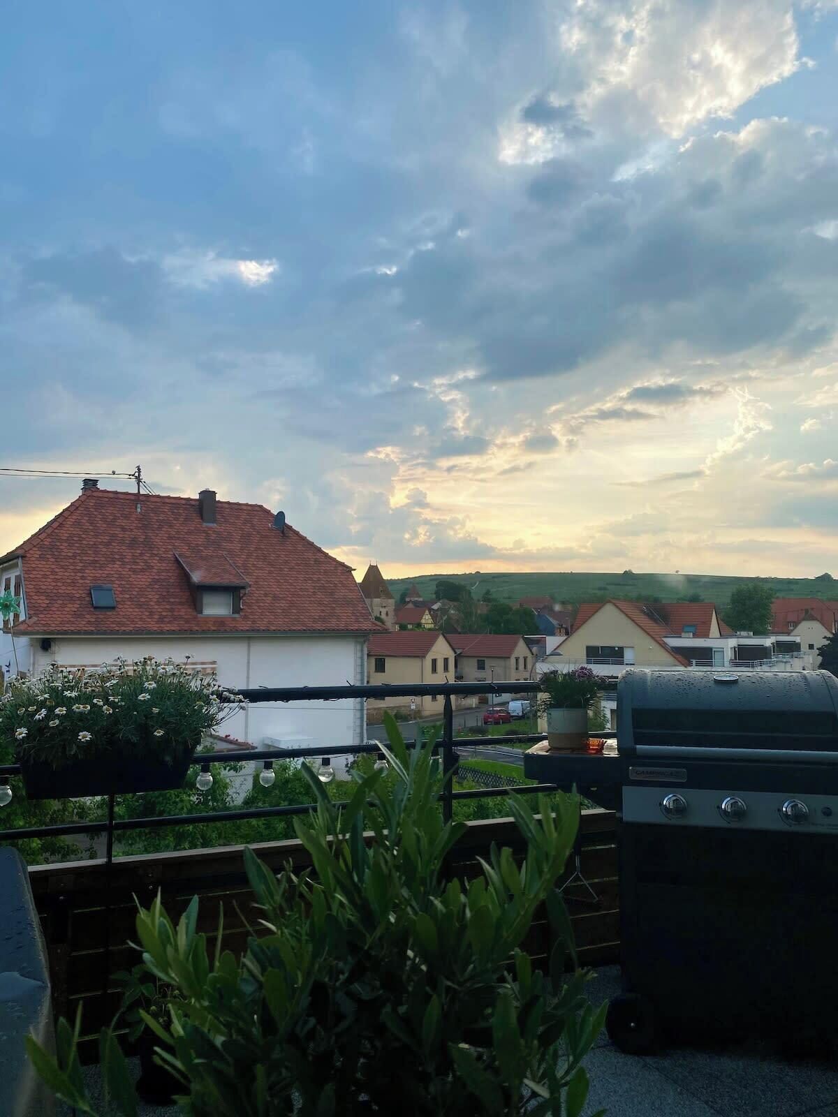 Et boligområde med huse, grill og en balkon med planter.