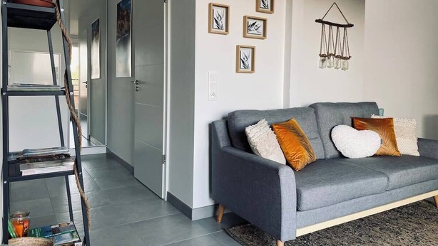 A modern living room with a grey sofa, a plant on a shelf, and framed artwork on the wall. - Sublime Studio, 2 terrasses + vue sur le vignoble (Rosheim)