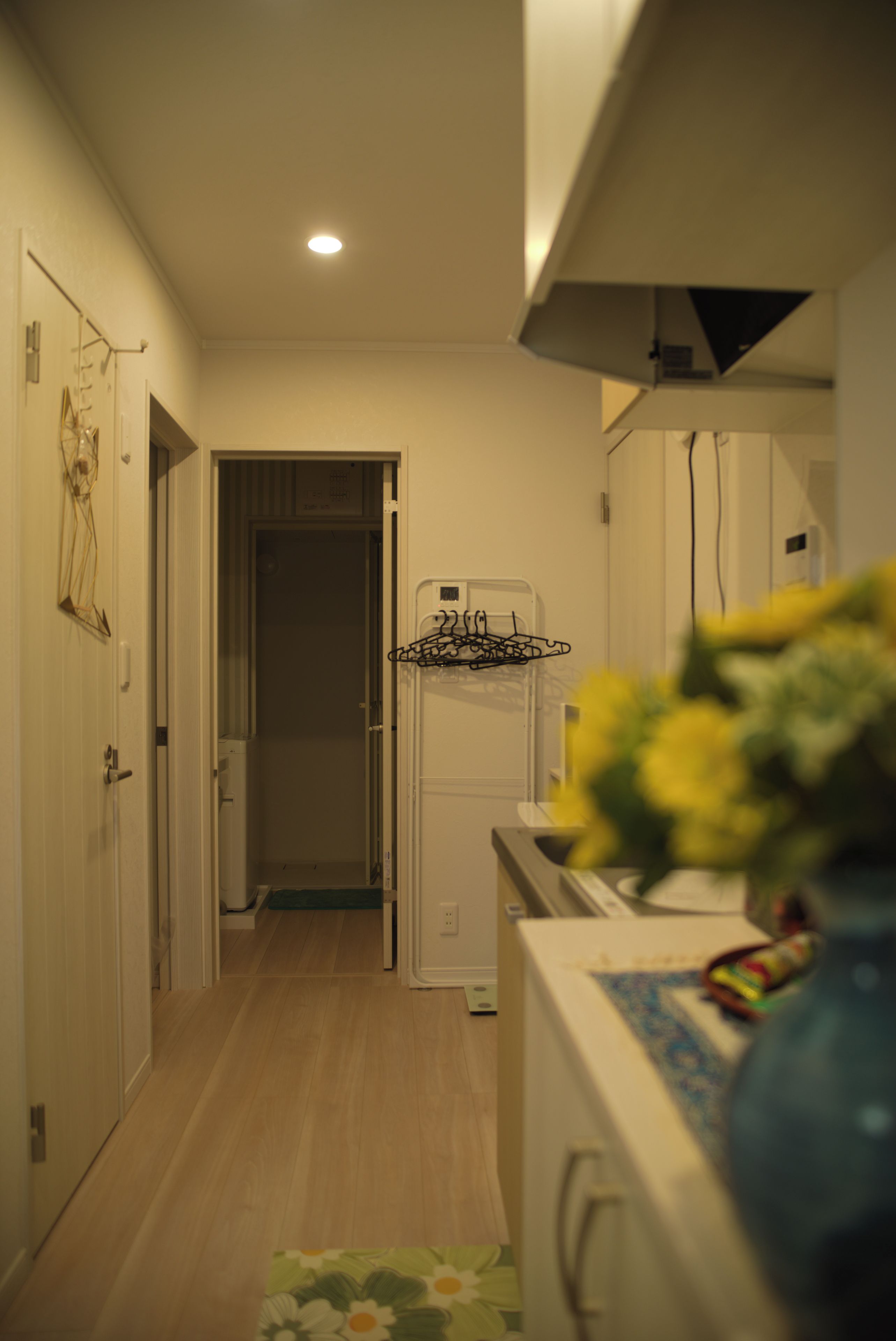 A narrow hallway with a refrigerator and a door leading to a room.