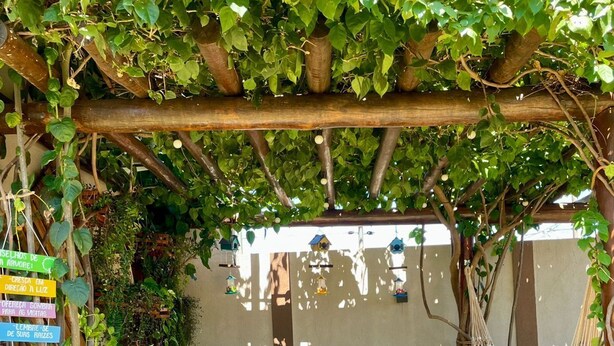 Un espace extérieur abrité, doté d’une pergola, de mangeoires à oiseaux suspendues et d’un hamac.