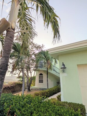 A building with a light green exterior, a balcony, and a palm tree. -  Pristine 6 bed 6 bath villa in the islands premier gated community!!! (Christiansted)