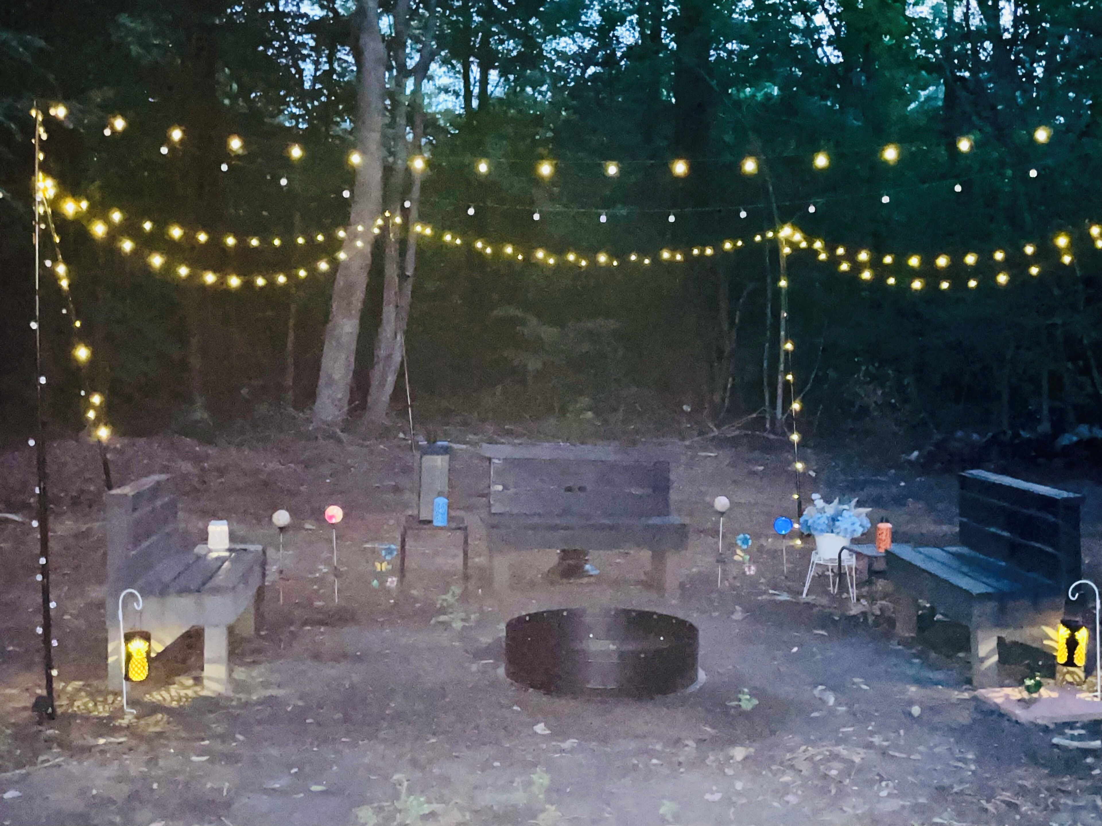 A campsite with a fire pit, benches, and string lights.