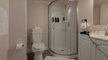 Shower, hair dryer, towels, soap