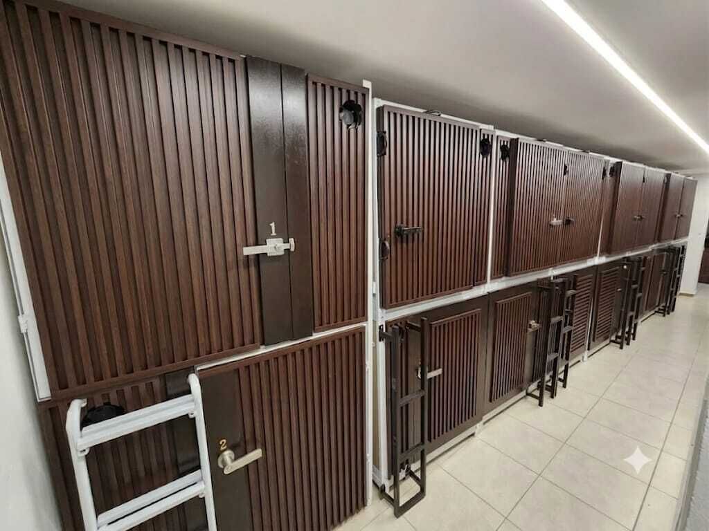 Una hilera de habitaciones de hotel con paneles de madera y marcos de metal.