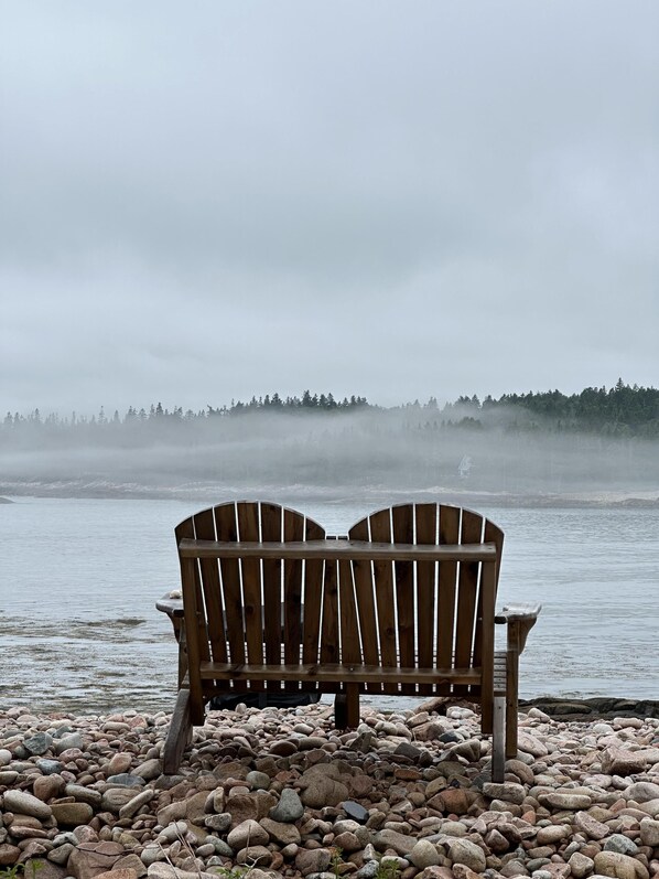 A wooden bench by a rocky shore with a view of a mist-covered forest and water. - Capstone Cottage - Quintessential Cabin on Bay (Prospect Harbor)